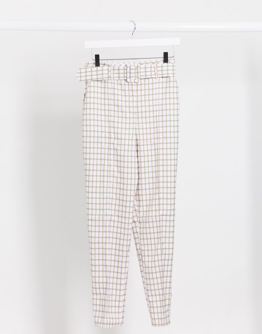 ASOS DESIGN – Pastelowe spodnie cygaretki z paskiem, podwyższonym stanem i nadrukiem w kratkę