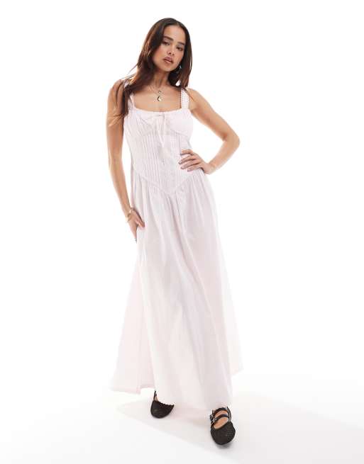 ASOS DESIGN – Pasteloworóżowa gorsetowa sukienka letnia midi z koronkowym wykończeniem