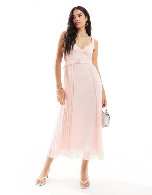 ASOS DESIGN – Pasteloworóżowa sukienka midi z głębokim dekoltem, plisami z przodu i paskiem w talii