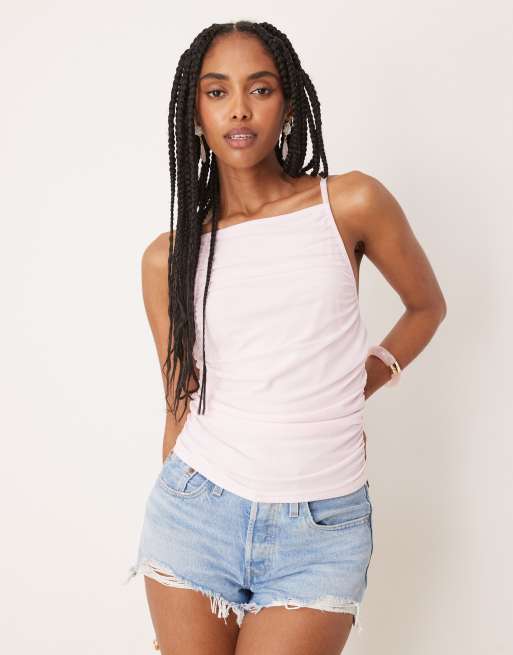 ASOS DESIGN – Pasteloworóżowe zbierane body na ramiączkach z siateczki