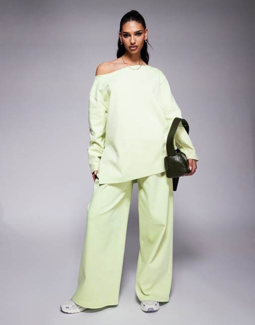 ASOS DESIGN – Pastelowozielona bluza dresowa z odkrytym ramieniem i szwami interlock, część zestawu