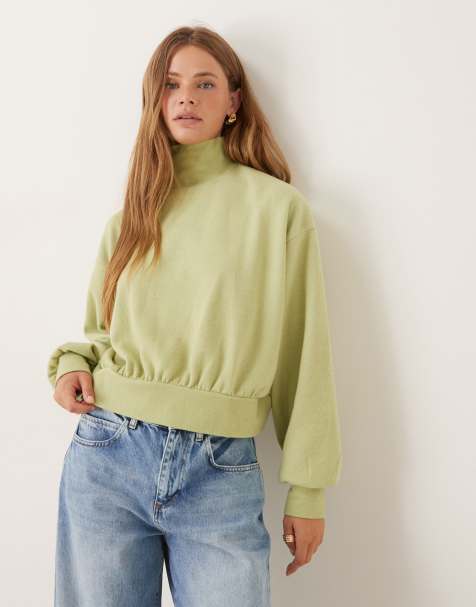 ASOS DESIGN Supersoft curved hem high neck jumper with balloon sleeve in pastel green - LGREEN