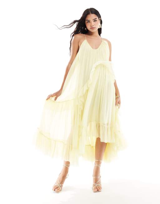ASOS DESIGN – Pastelowożółta trapezowa sukienka maxi z dekoltem w kształcie litery U i falbankami