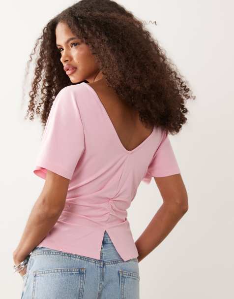ASOS DESIGN - Pastelpink T-shirt med indsyet talje og engleærmer og V-ryg - view 1