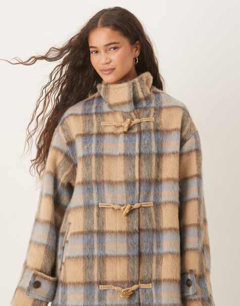 ASOS DESIGN – Płaszcz z mieszanki wełny w kratę z wysokim kołnierzem i zapięciem na pętelki - view 1