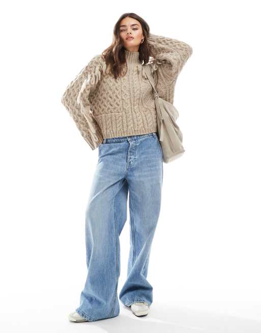ASOS DESIGN patch cable jumper with loop stitch detail in mocha, 3 of 4