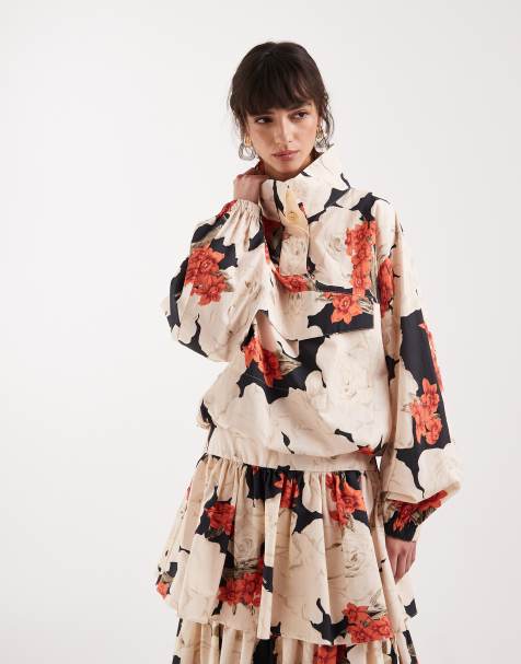 ASOS DESIGN patch pocket funnel neck jacket in red floral - part of a set - view 1