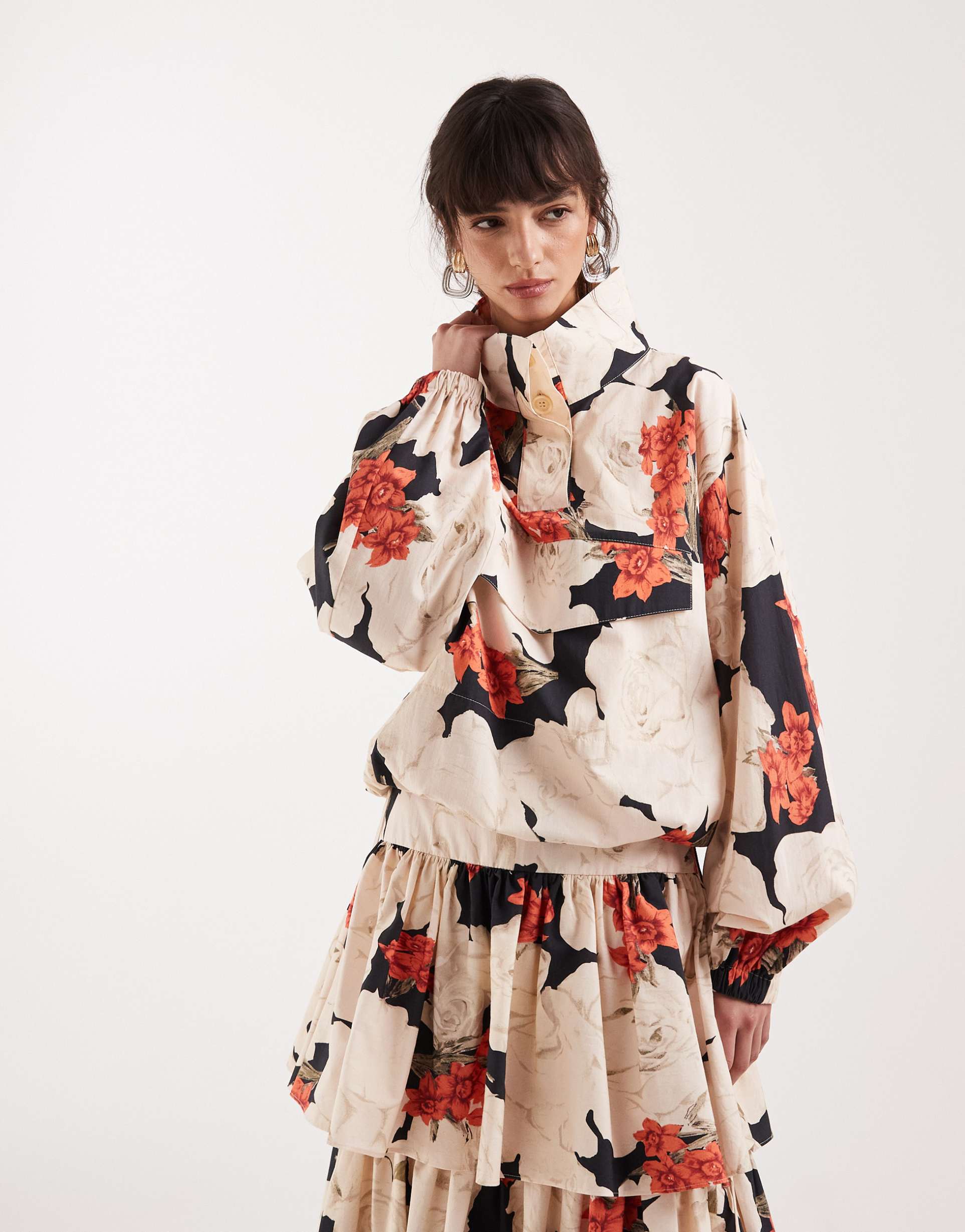 asos design patch pocket funnel neck jacket in red floral - part of a set