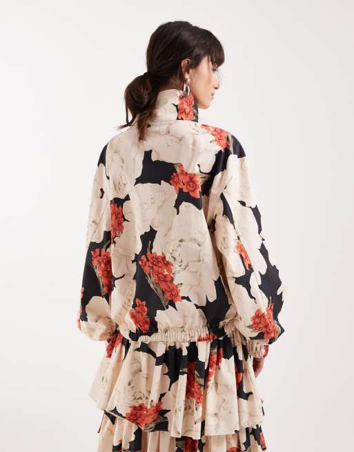ASOS DESIGN patch pocket funnel neck jacket in red floral - part of a set, 4 of 4