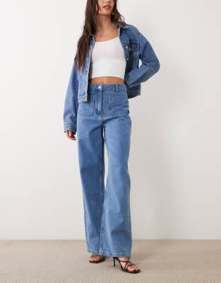 Asos Design Patch Pocket Straight Leg Jeans In Blue
