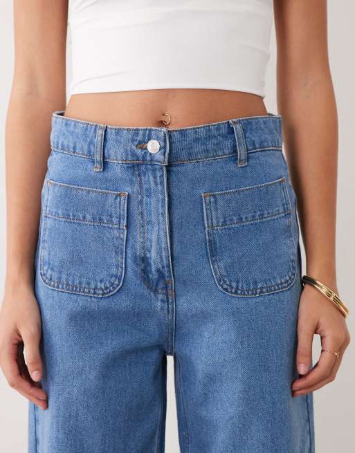 ASOS DESIGN patch pocket straight leg jeans in mid blue, 5 of 5