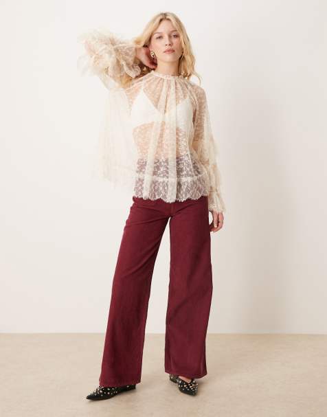 ASOS DESIGN patch pocket wide leg cord trouser in burgundy - view 1