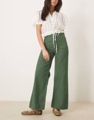 ASOS DESIGN patch pocket wide leg cord trouser in khaki-Green