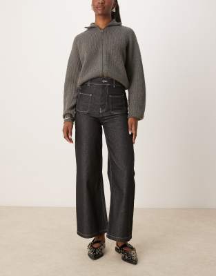 patch pocket wide leg cropped jeans with contrast stitch in black ecru