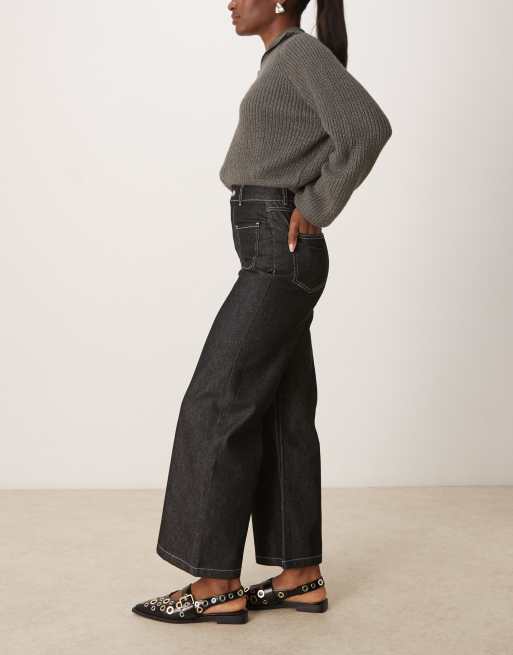 ASOS DESIGN patch pocket wide leg cropped jeans with contrast stitch in black ecru, 3 of 5
