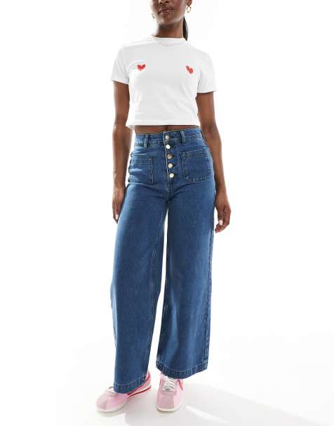 ASOS DESIGN patch pocket wide leg jeans in blue black - view 1