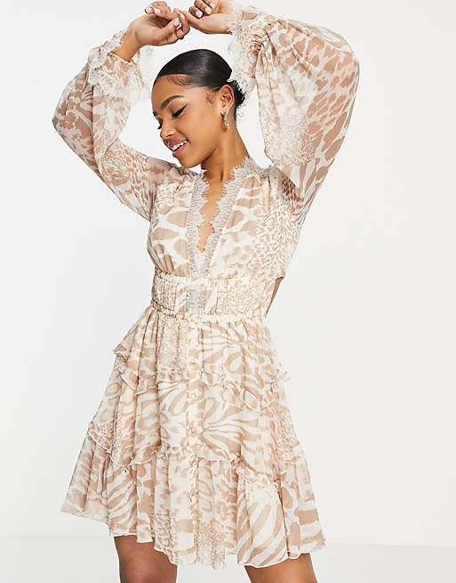ASOS DESIGN patched animal ruffle mini dress with lace trim detail
