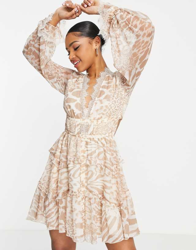 ASOS DESIGN patched animal ruffle mini dress with lace trim detail