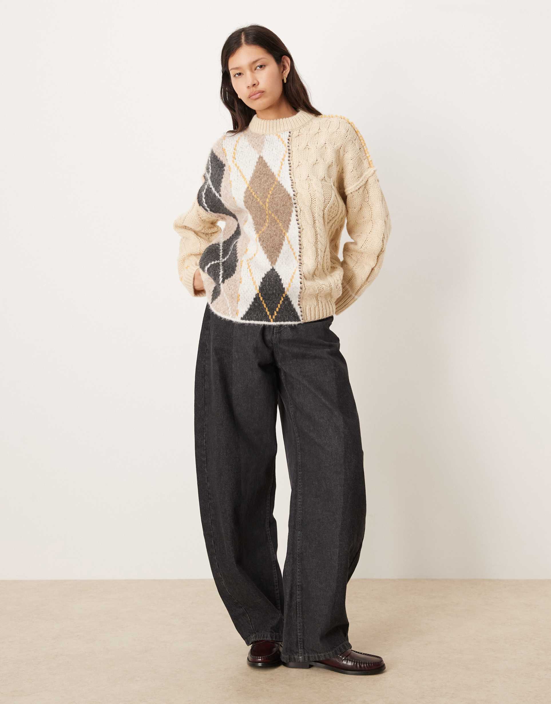 asos design patched argyle and cable-knit mix sweater in mocha