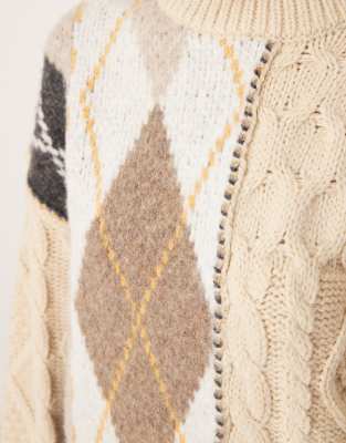 Asos Design Patched Argyle And Cable-knit Mix Sweater In Brown