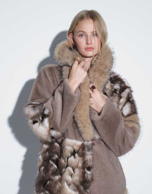 ASOS DESIGN patched longline faux fur coat in light brown, 3 of 5