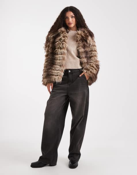 ASOS DESIGN patched stripe short faux fur jacket in brown - view 1