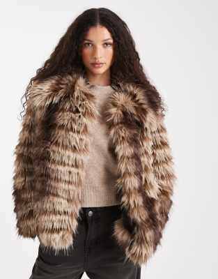 Asos Design Patched Stripes Short Faux Fur Jacket In Brown