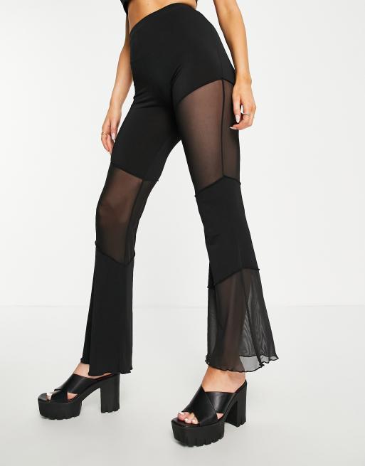 ASOS DESIGN patchwork crepe flare pants in mesh paneling in black