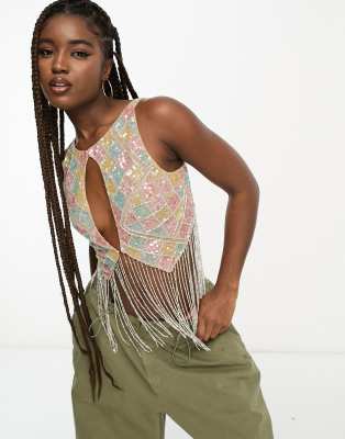 ASOS DESIGN patchwork embellished crop top with fringe hem in multi sequin