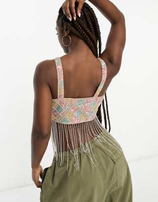 ASOS DESIGN patchwork embellished crop top with fringe hem