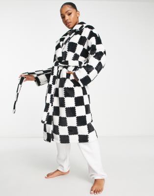 Asos Design Patchwork Plaid Faux Fur Midi Robe In Black & White-multi