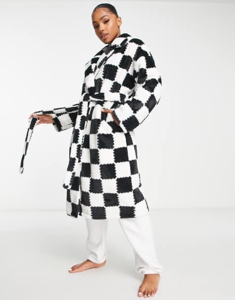 ASOS DESIGN patchwork plaid faux fur midi robe in black & white - view 1