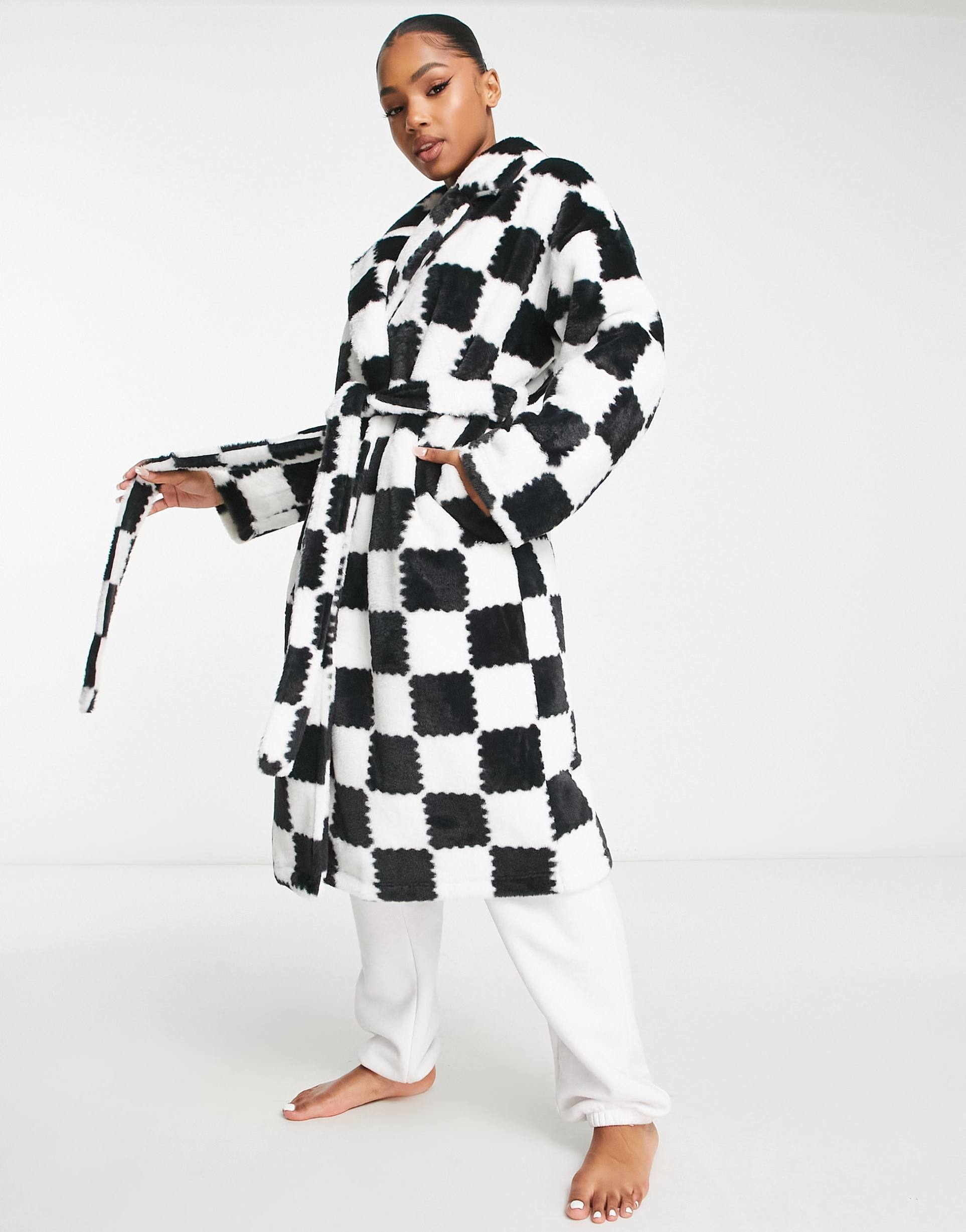 asos design patchwork plaid faux fur midi robe in black & white