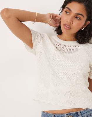 Asos Design Patchwork Stitch Interest Knit T-shirt-white In White