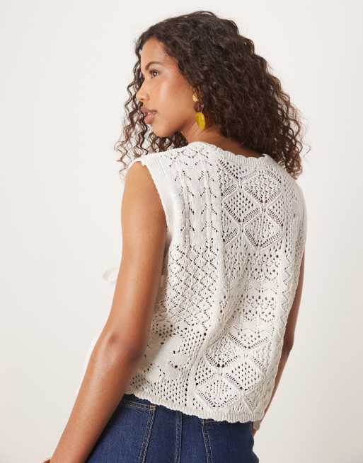 ASOS DESIGN patchwork stitch interest knit tank top with tie sides in white , 3 of 4