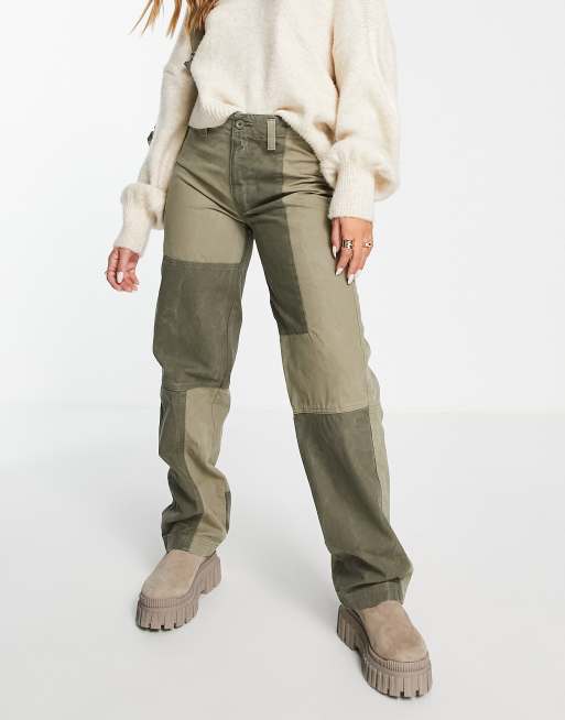 ASOS DESIGN patchwork utility trouser in khaki marble wash