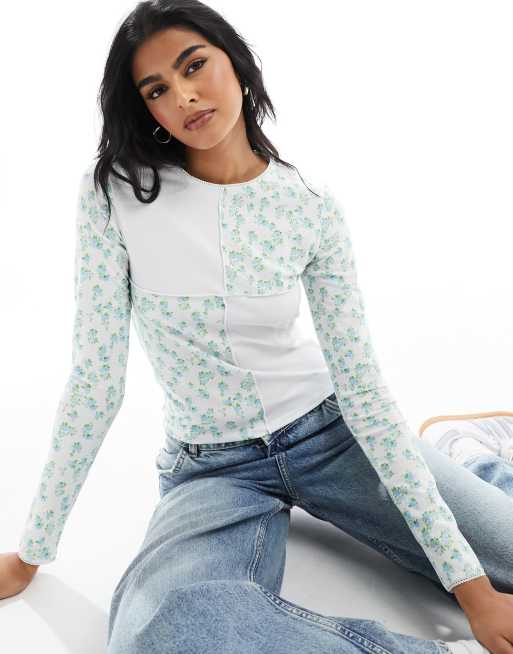 ASOS DESIGN – Patchworkowy top w kolorze kości słoniowej ze wstawkami w drobny kwiatowy wzór
