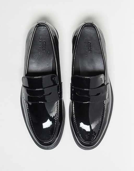 ASOS DESIGN patent penny loafers in black