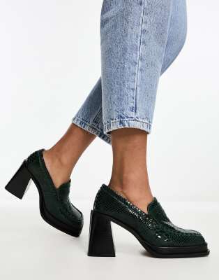 Asos Design Paterson Premium Leather Heeled Loafers In Green Snake