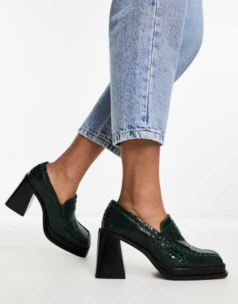 ASOS DESIGN Paterson premium leather heeled loafers in green snake - view 1