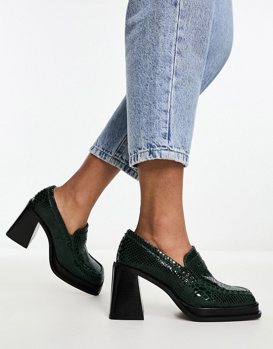 ASOS DESIGN Paterson premium leather heeled loafers in green snake