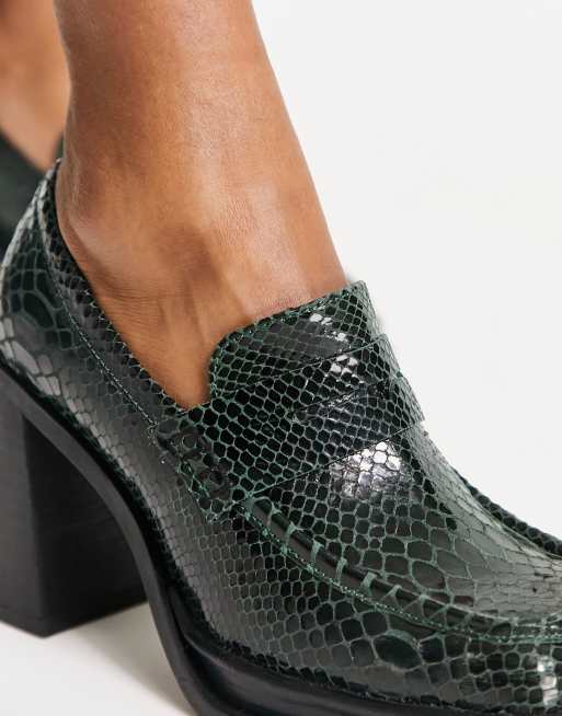 ASOS DESIGN Paterson premium leather heeled loafers in green snake