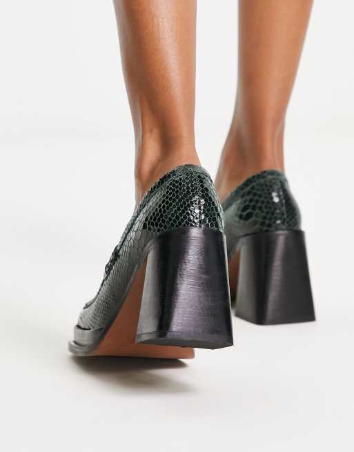 ASOS DESIGN Paterson premium leather heeled loafers in green snake, 4 of 4