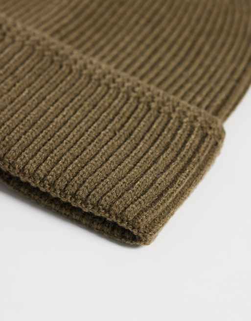 ASOS DESIGN patterned edge rib knit beanie in khaki green, 2 of 3