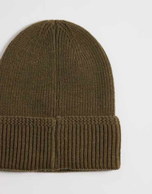 ASOS DESIGN patterned edge rib knit beanie in khaki green, 3 of 3