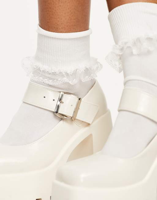 Elegant Mary Jane Shoes For Women, White Buckle Decor Platform Shoes