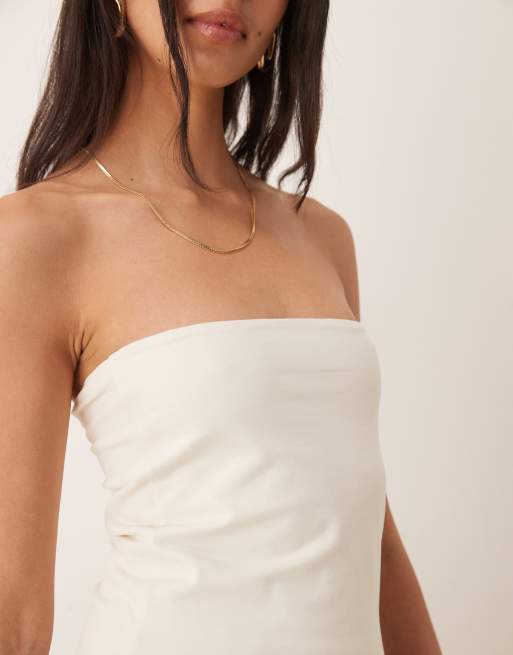 ASOS DESIGN peached cotton long line bandeau top in cream, 4 of 4