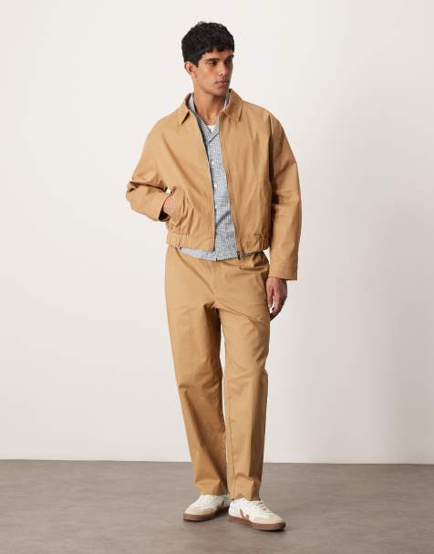 ASOS DESIGN peached cotton rich oversized tapered dress pants in camel with elastic waist - part of a set - view 1