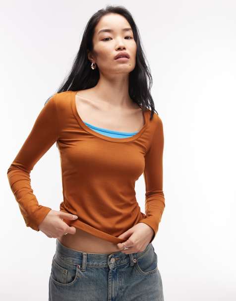 ASOS DESIGN peached feel double layer scoop neck top in brown - view 1