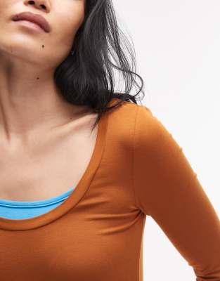 Asos Design Peached Feel Double Layer Scoop Neck Top In Brown